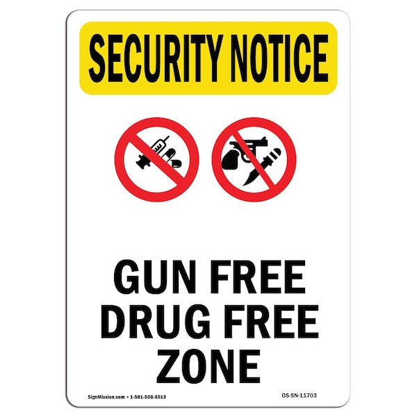 OSHA Security Sign, 5" Height, Gun Free Drug Free Zone With Symbol, Portrait, 10PK